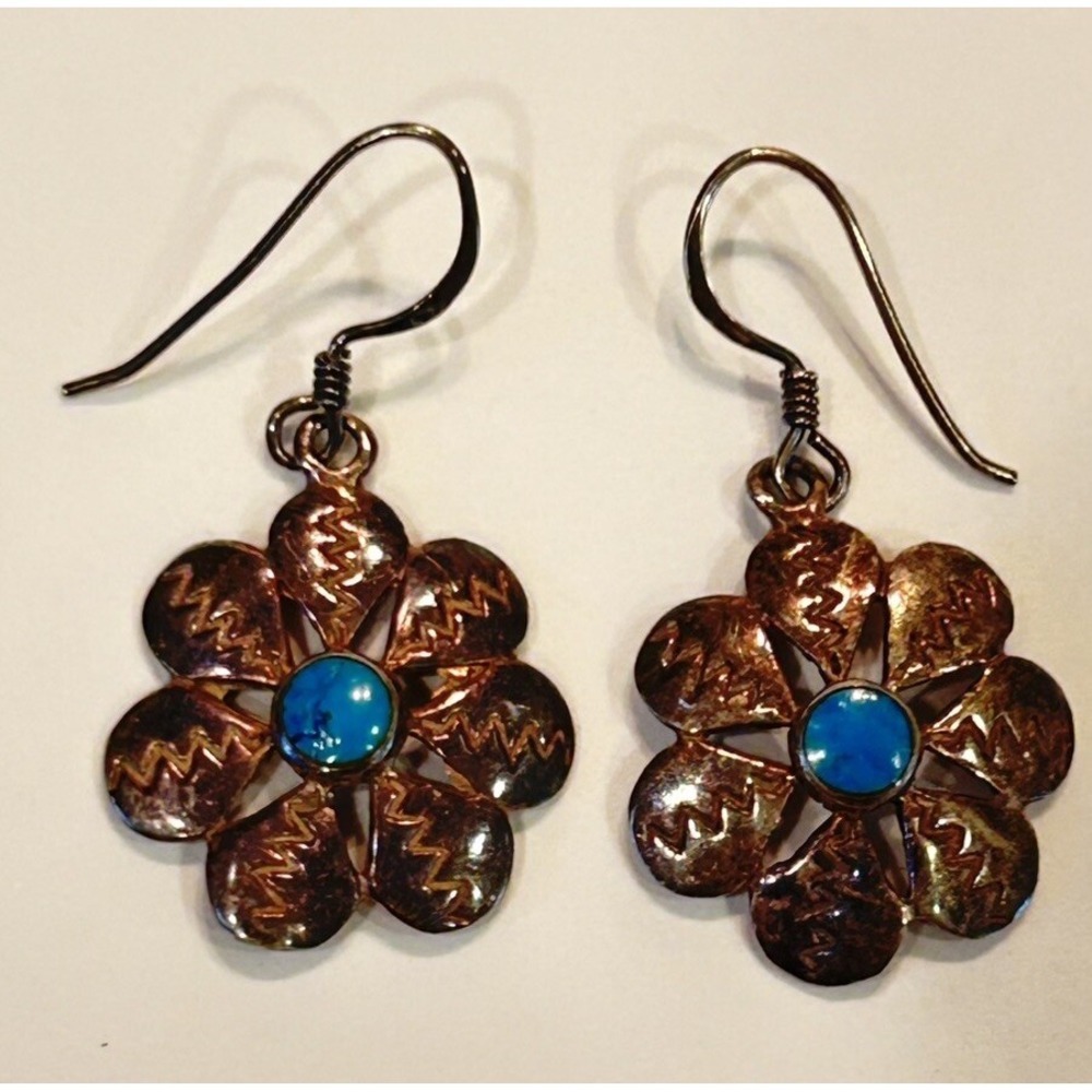 Vintage Sterling Silver Earrings w/Turquoise Stone 925 Dangle Flower Jewelry